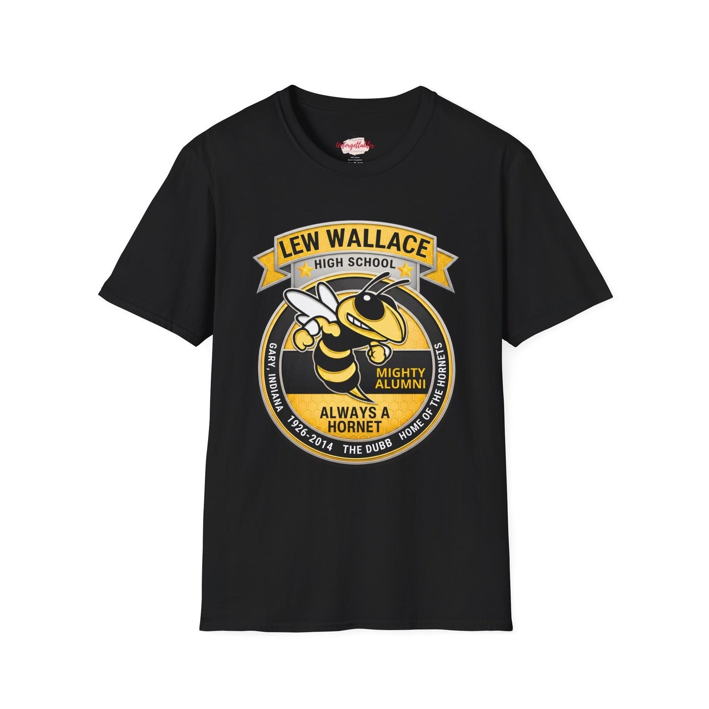 Black t-shirt with Lew Wallace High School graphic design on a white background