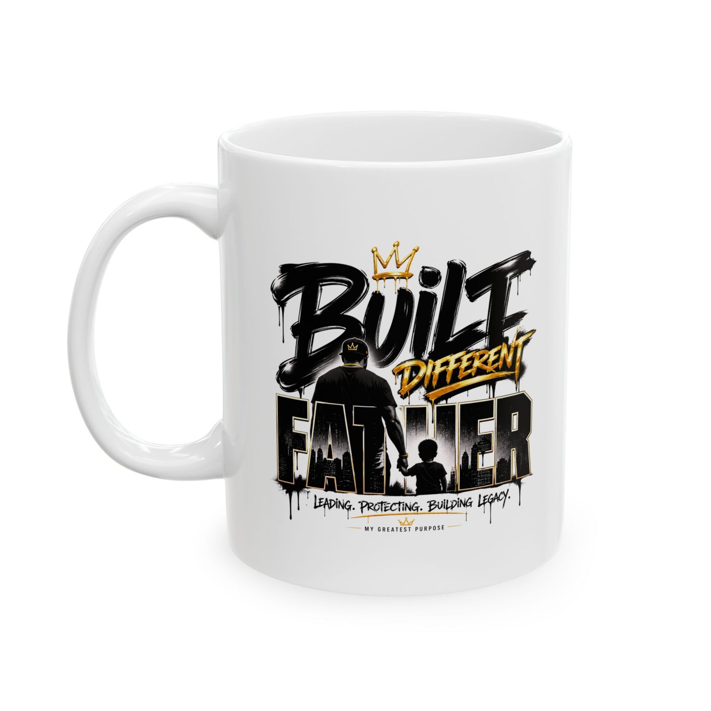 white fatherhood coffee mug with built different quote