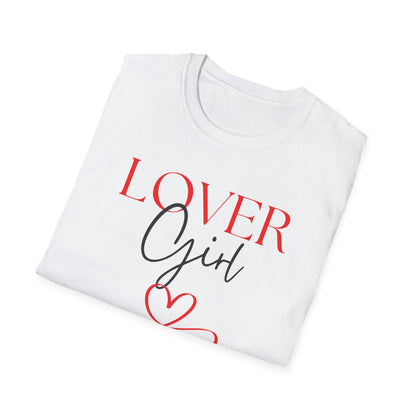 White t-shirt with 'LOVER Girl' text and a heart on a white background