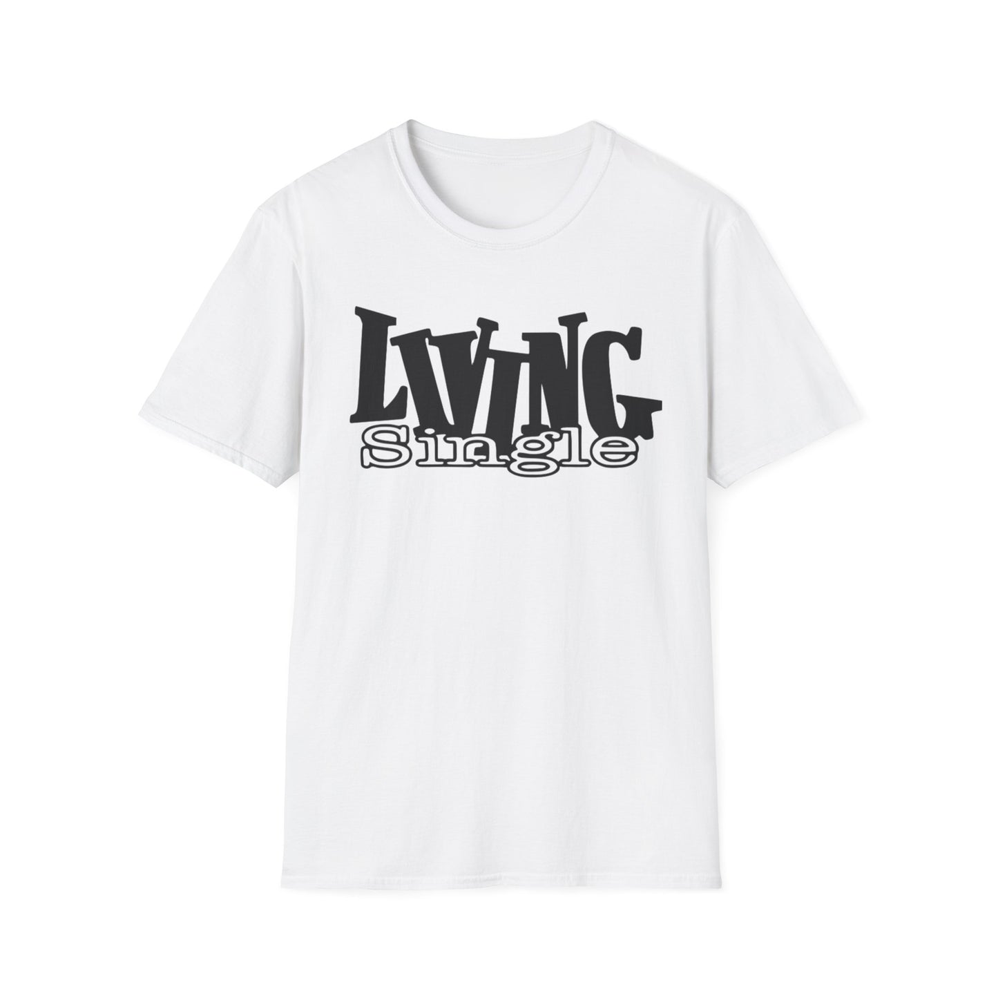 White t-shirt with black 'LIVING Single' text on a white background