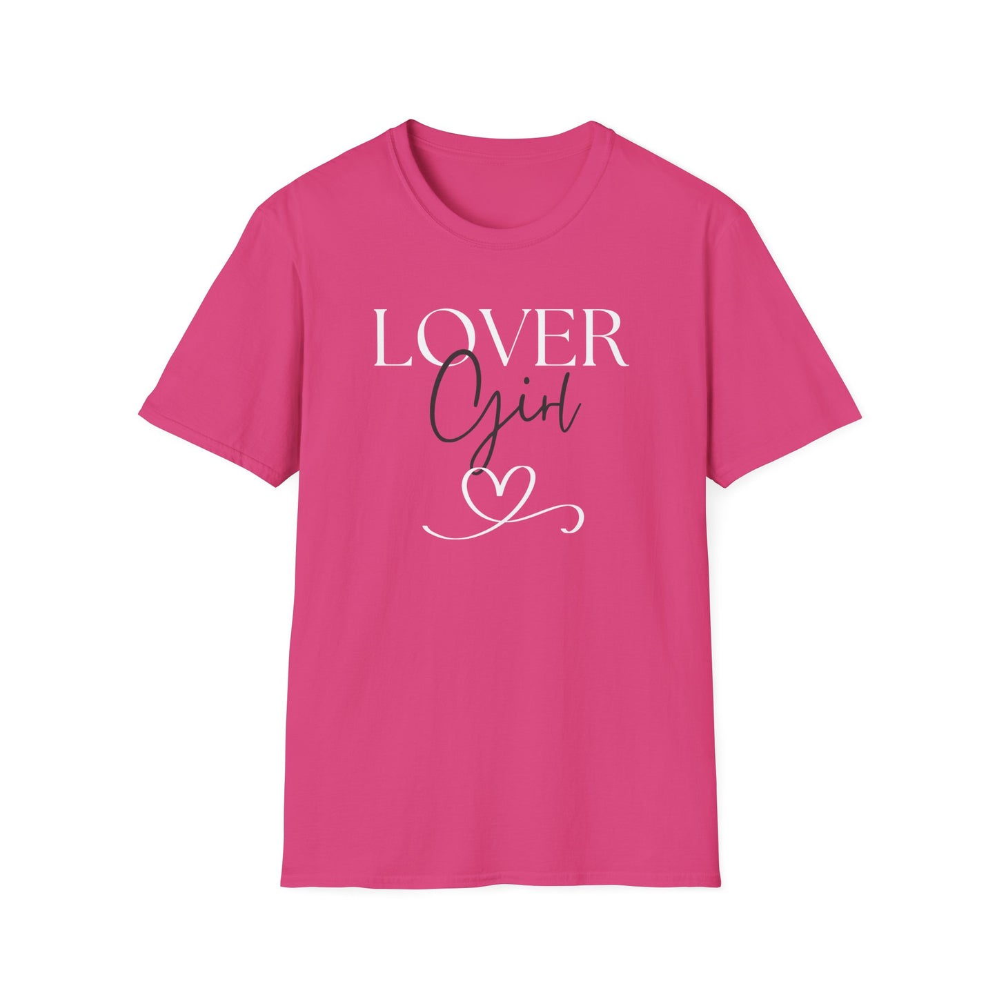 hot pink t-shirt with 'LOVER Girl' text on a white background