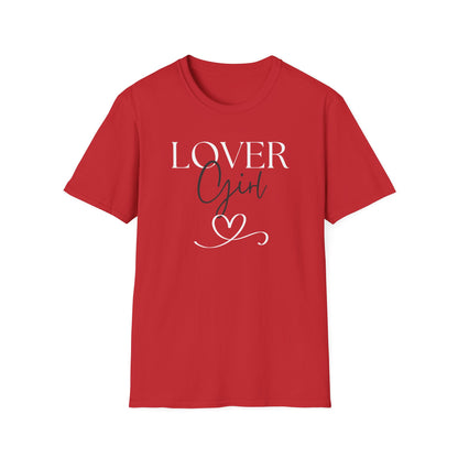 Red t-shirt with 'LOVER Girl' text on a white background