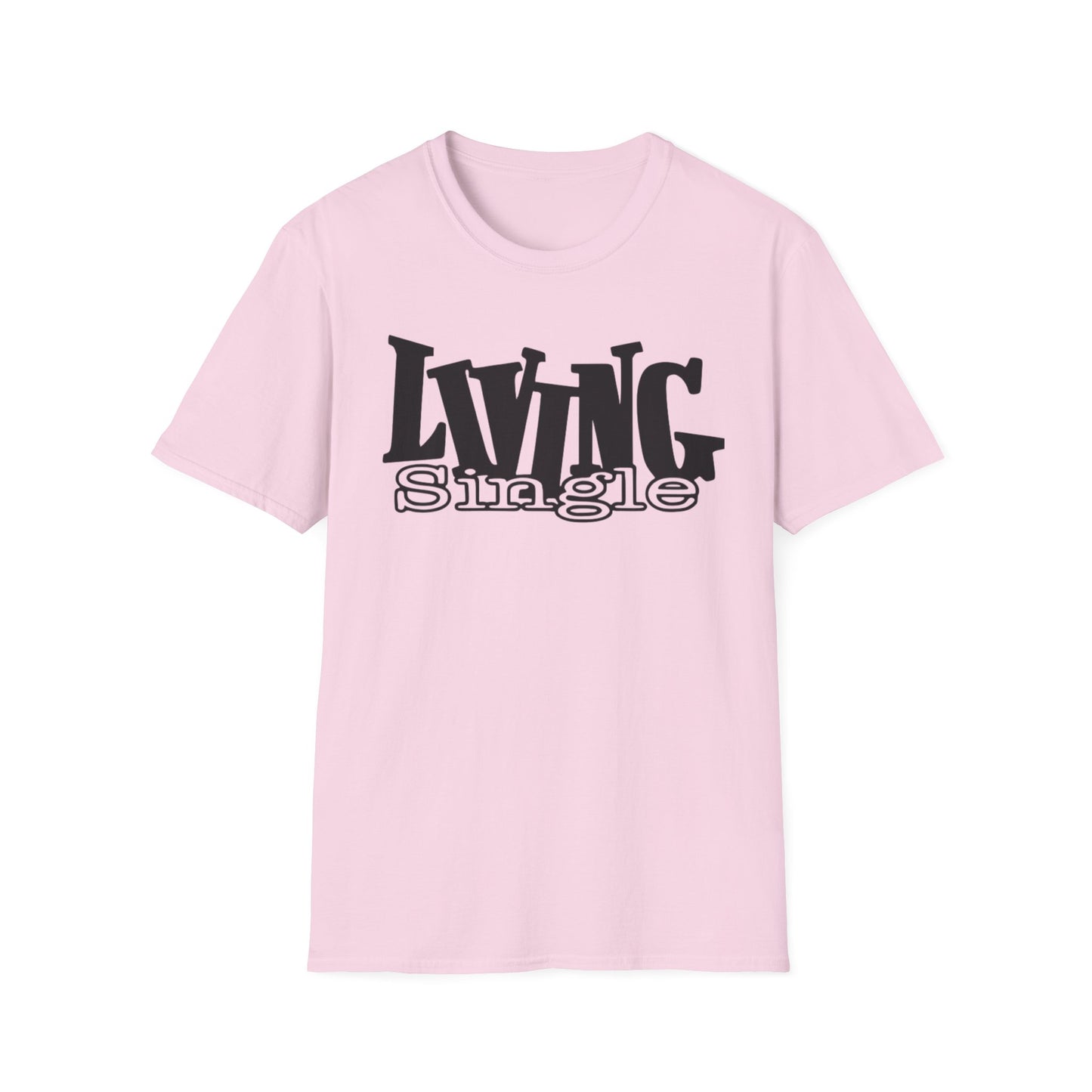 light pink t-shirt with 'LIVING Single' text on a white background