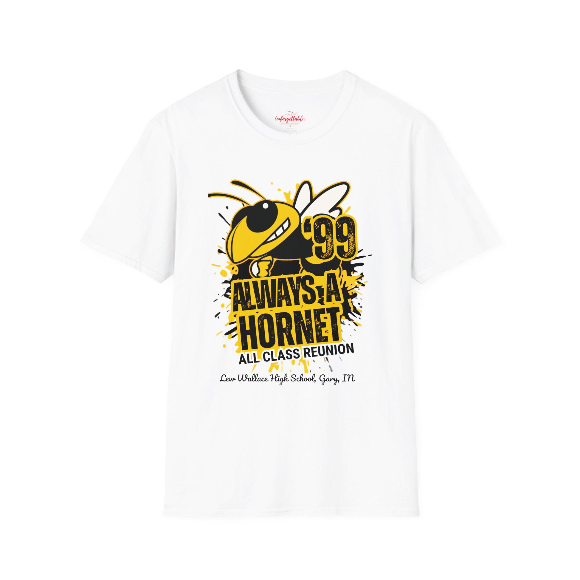 White t-shirt with yellow and black graphic design on a white background