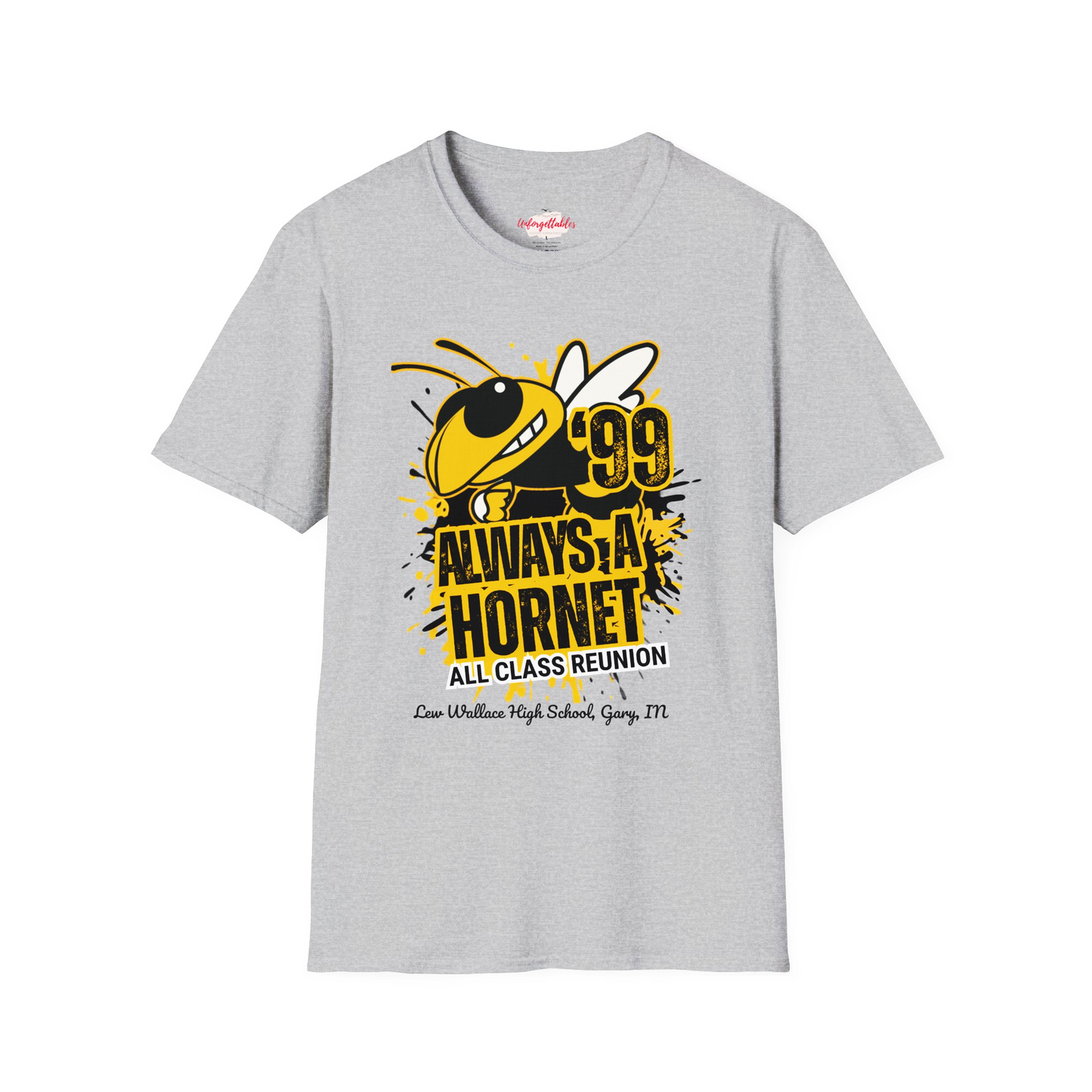 Gray t-shirt with yellow and black graphic design on a white background