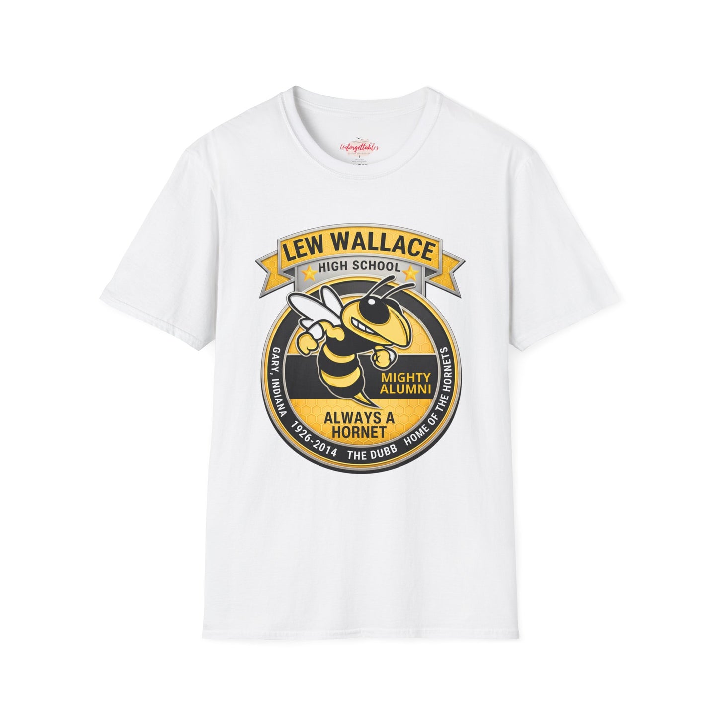 White t-shirt with Lew Wallace High School logo featuring a hornet on a white background