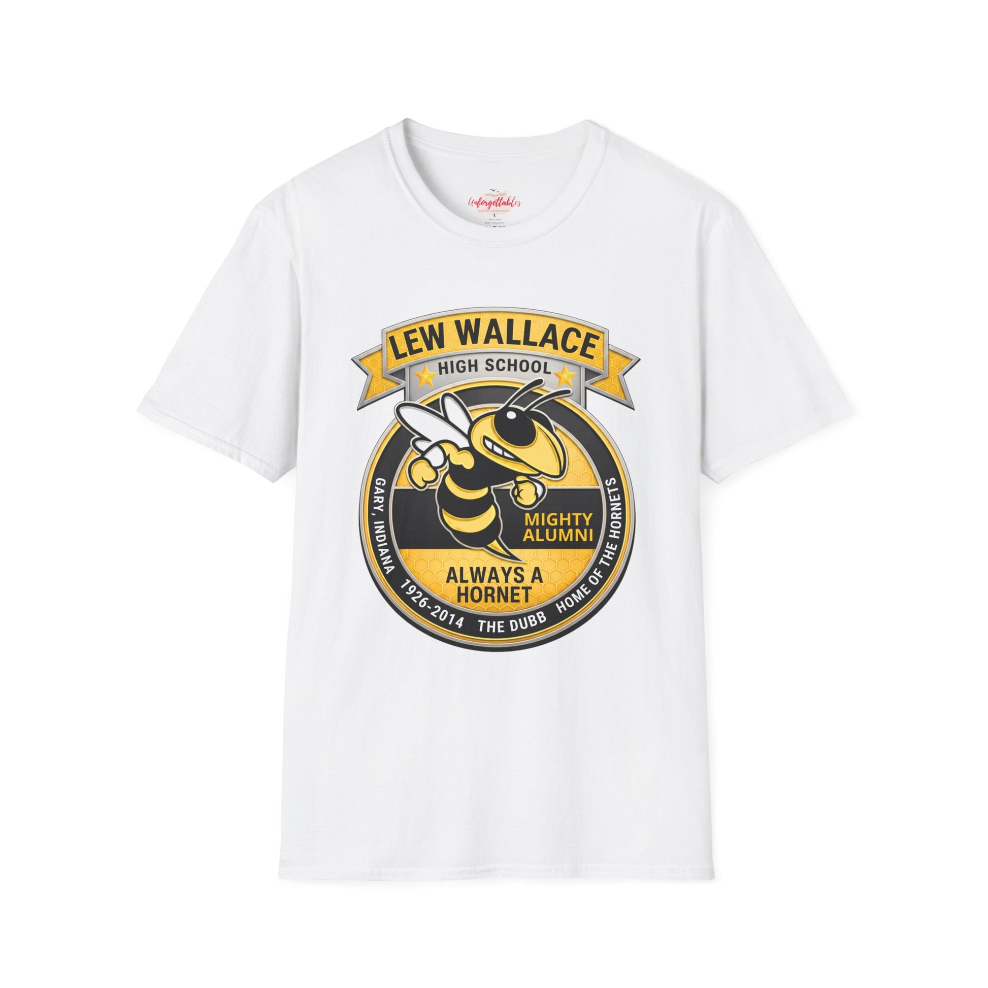 White t-shirt with Lew Wallace High School logo featuring a hornet on a white background
