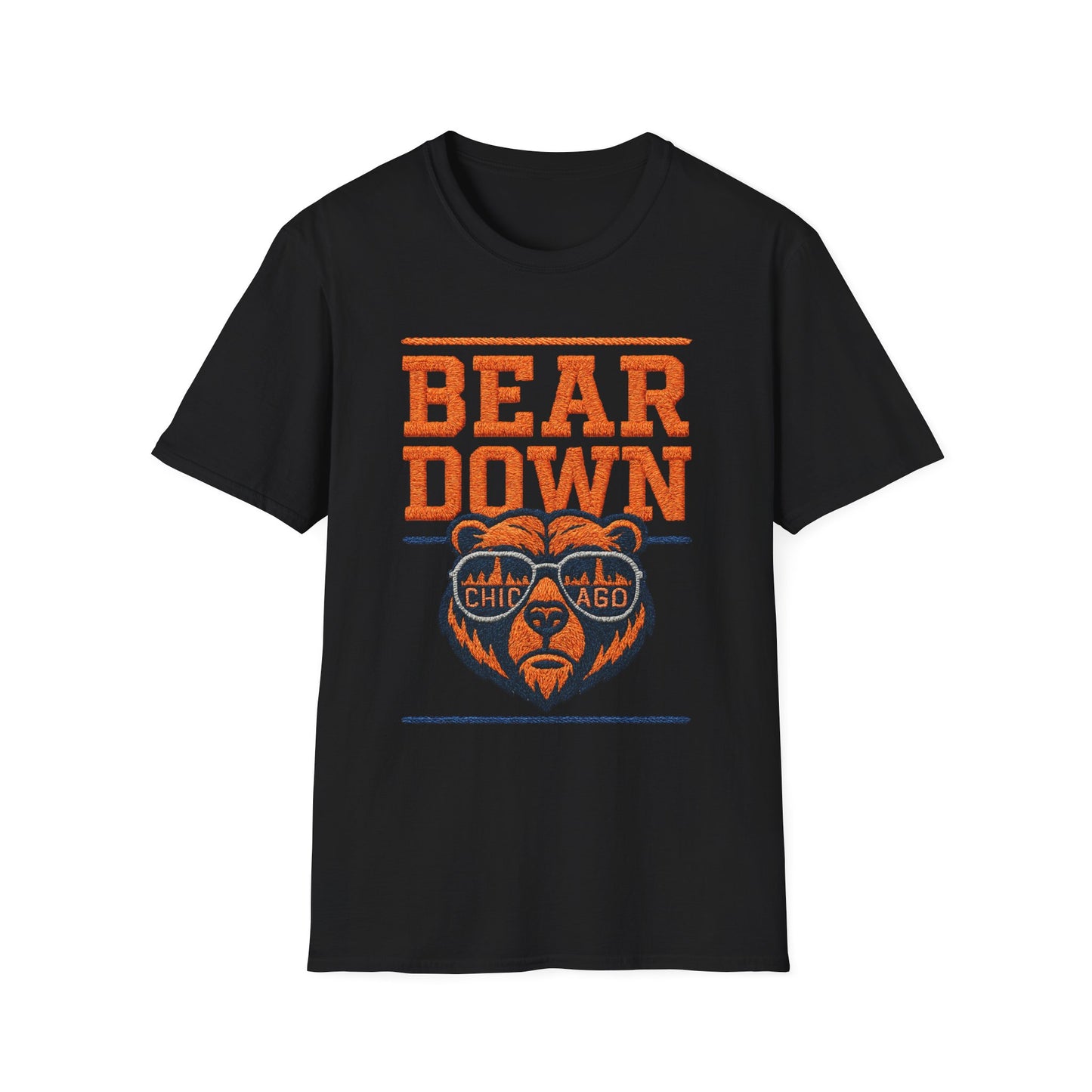 Black t-shirt with 'Bear Down' graphic design on a white background