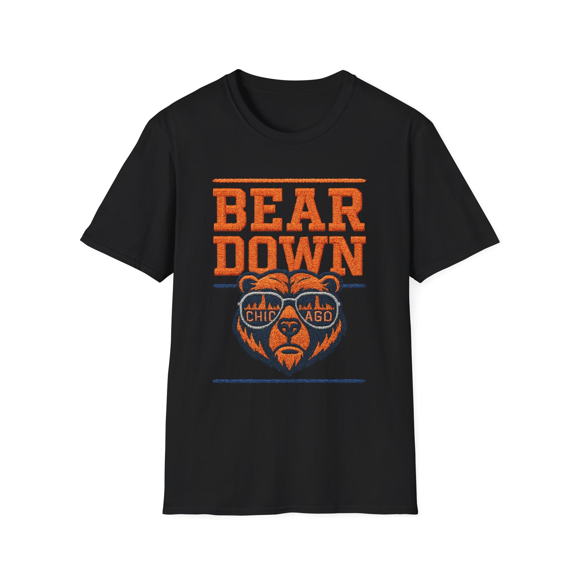 Black t-shirt with 'Bear Down' graphic design on a white background