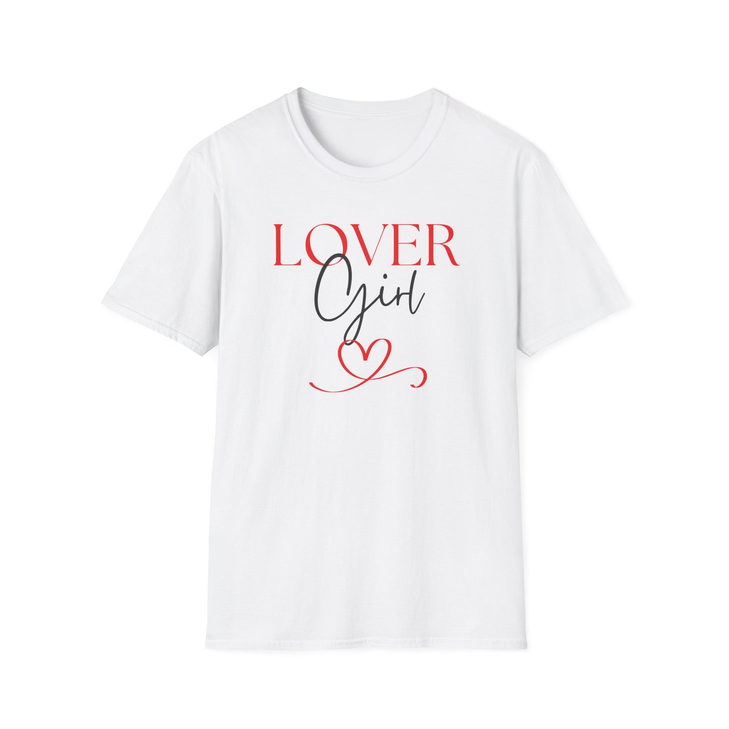 White t-shirt with 'LOVER Girl' text design on a white background