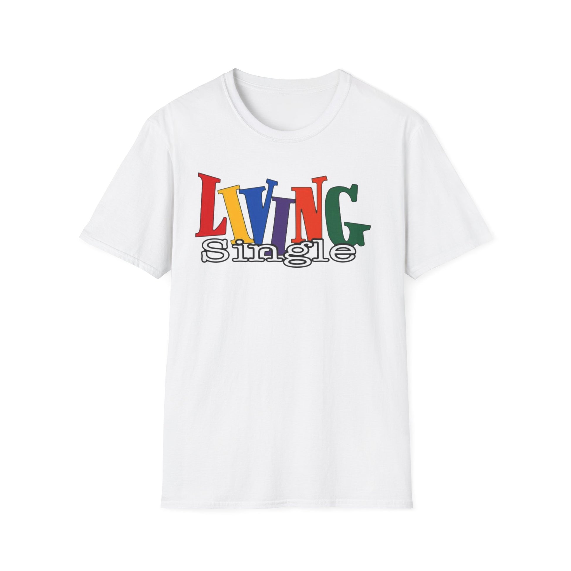 White t-shirt with colorful text 'LIVING Single' on a white background