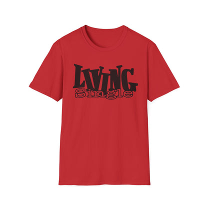 Red t-shirt with black text 'LIVING Single' on a white background