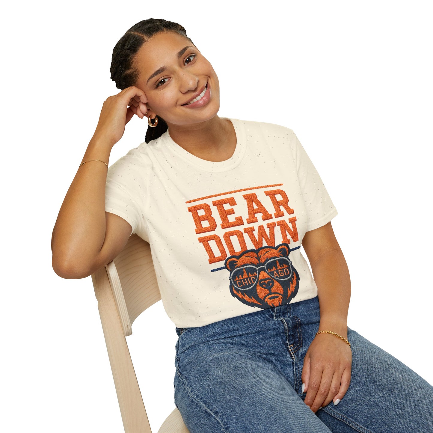 Person wearing a 'Bear Down' t-shirt with a bear graphic on a white background