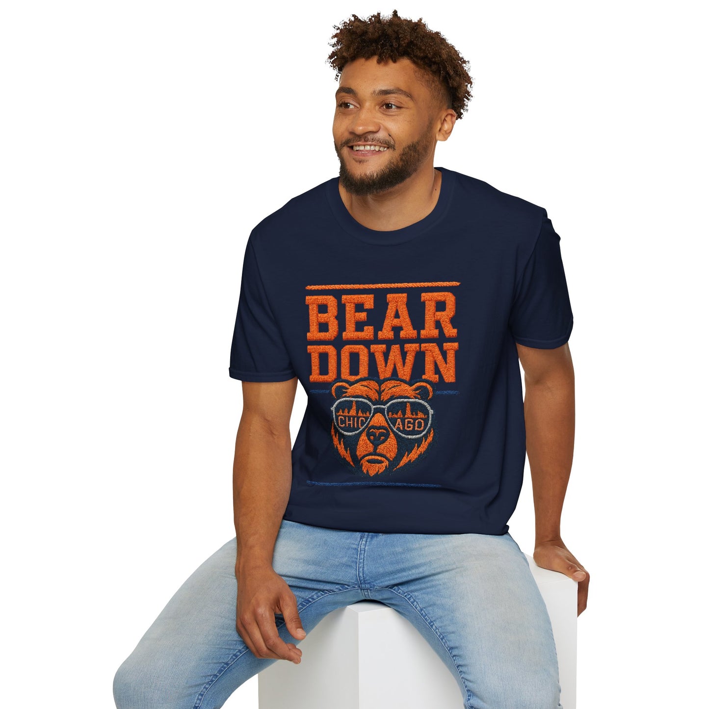 Man wearing a navy blue t-shirt with orange 'Bear Down' graphic design on a white background