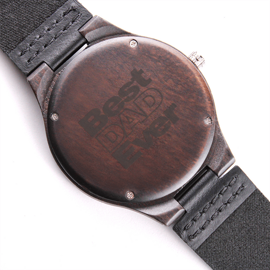 engraved mens wooden wrist watch with black strap