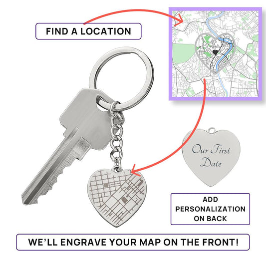Custom Engraved Heart Map Keychain – Personalized Location Keepsake Gift
