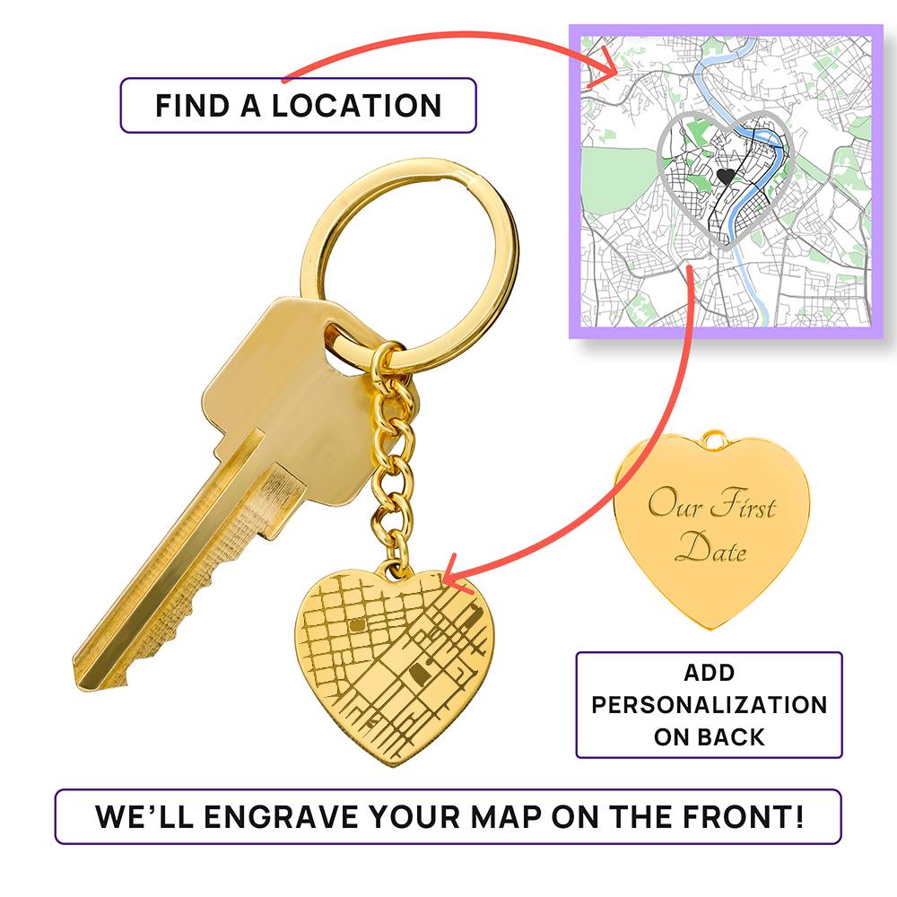 Custom Engraved Heart Map Keychain – Personalized Location Keepsake Gift