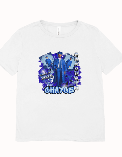 Graduation shirt with bold blue center graphic and personalized details