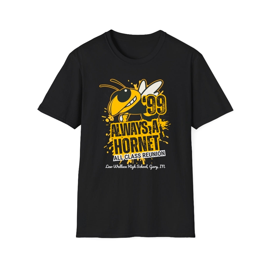 Black t-shirt with yellow and white graphic design on a white background