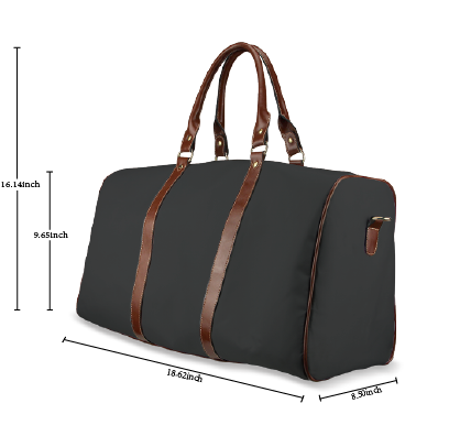 Black duffel bag with brown straps and measurements on a white background