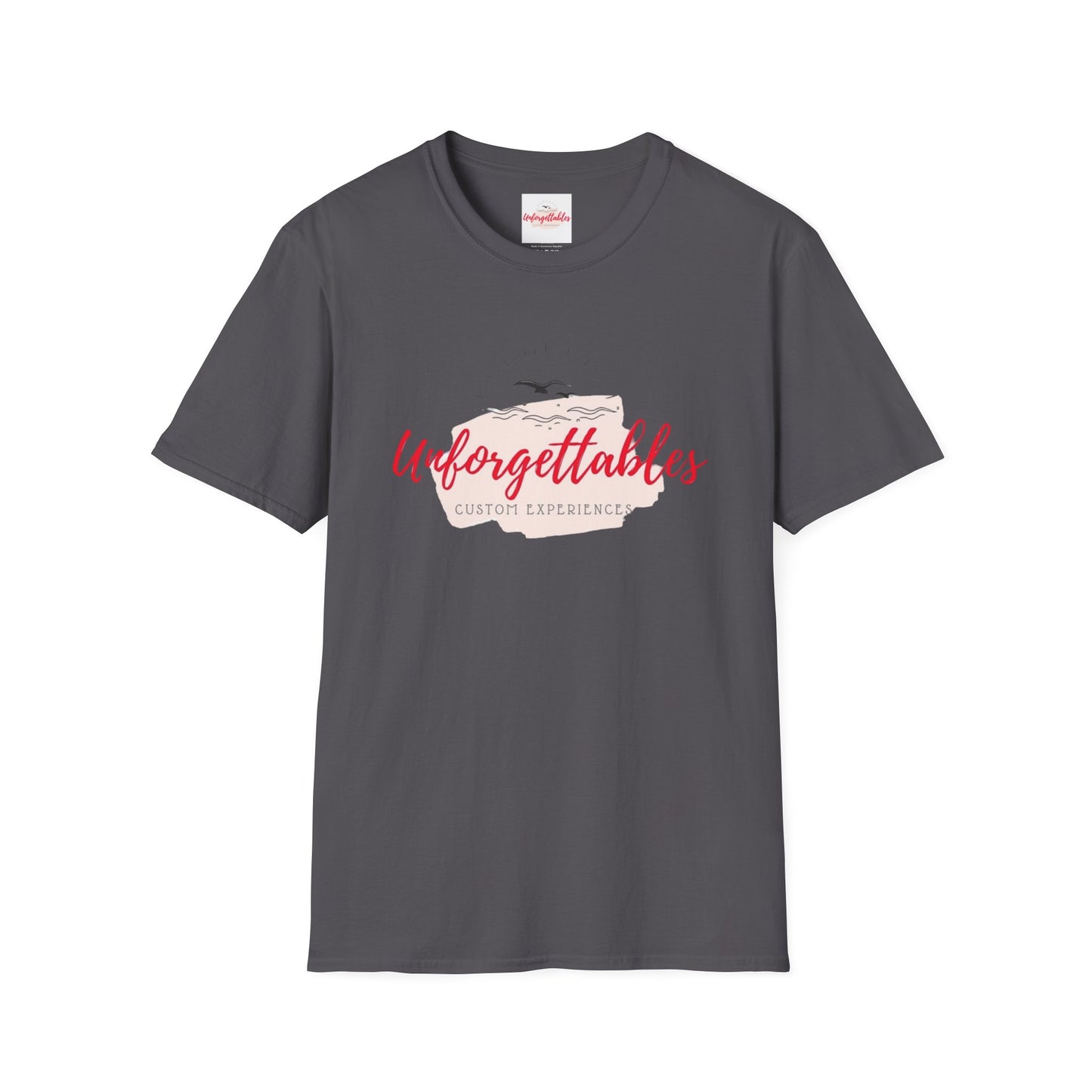 Front view of charcoal Unforgettables logo t-shirt with clean center design