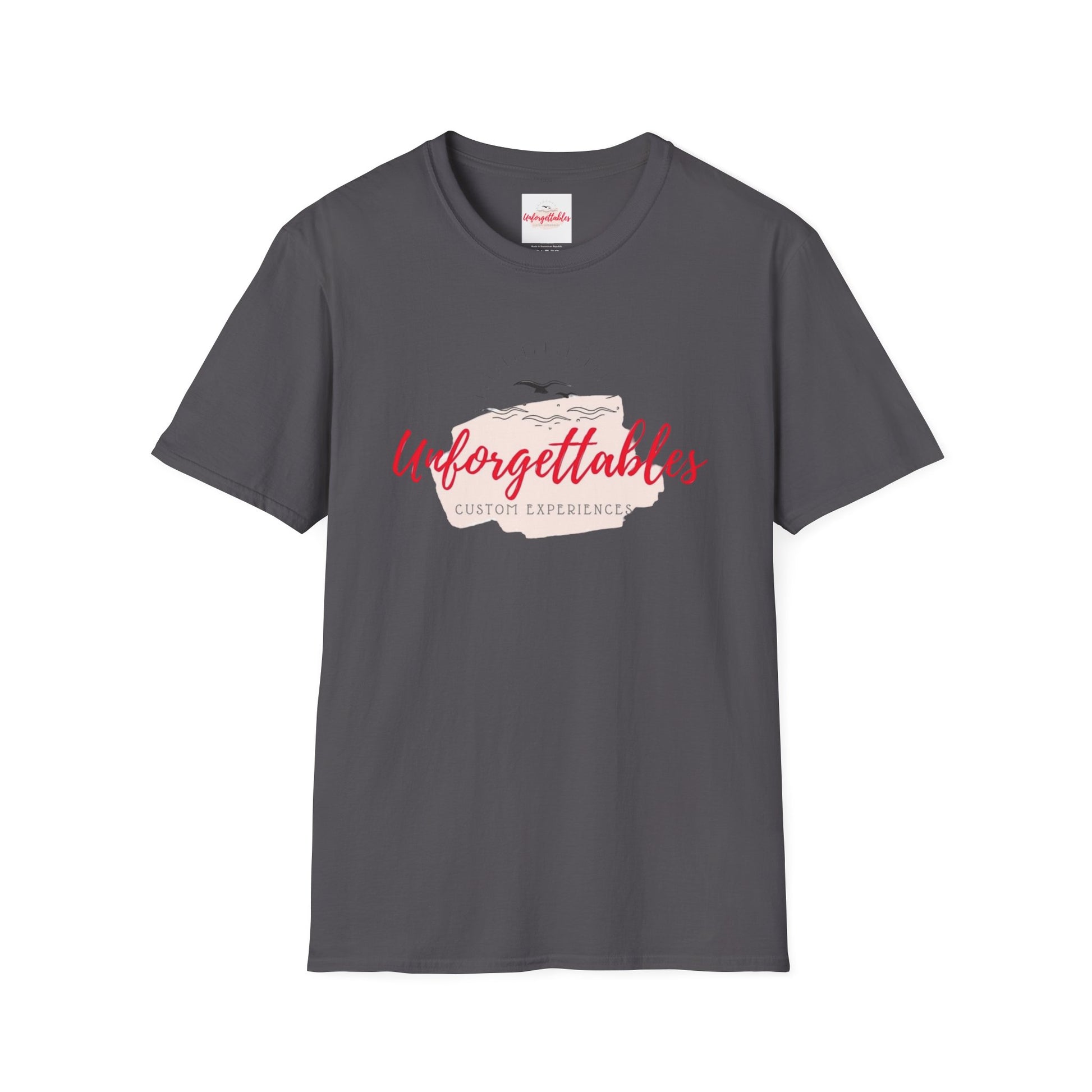 Front view of charcoal Unforgettables logo t-shirt with clean center design