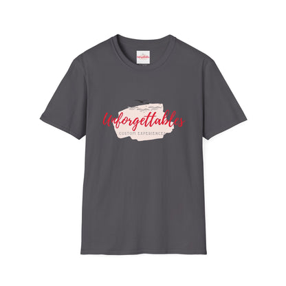 Front view of charcoal Unforgettables logo t-shirt with clean center design