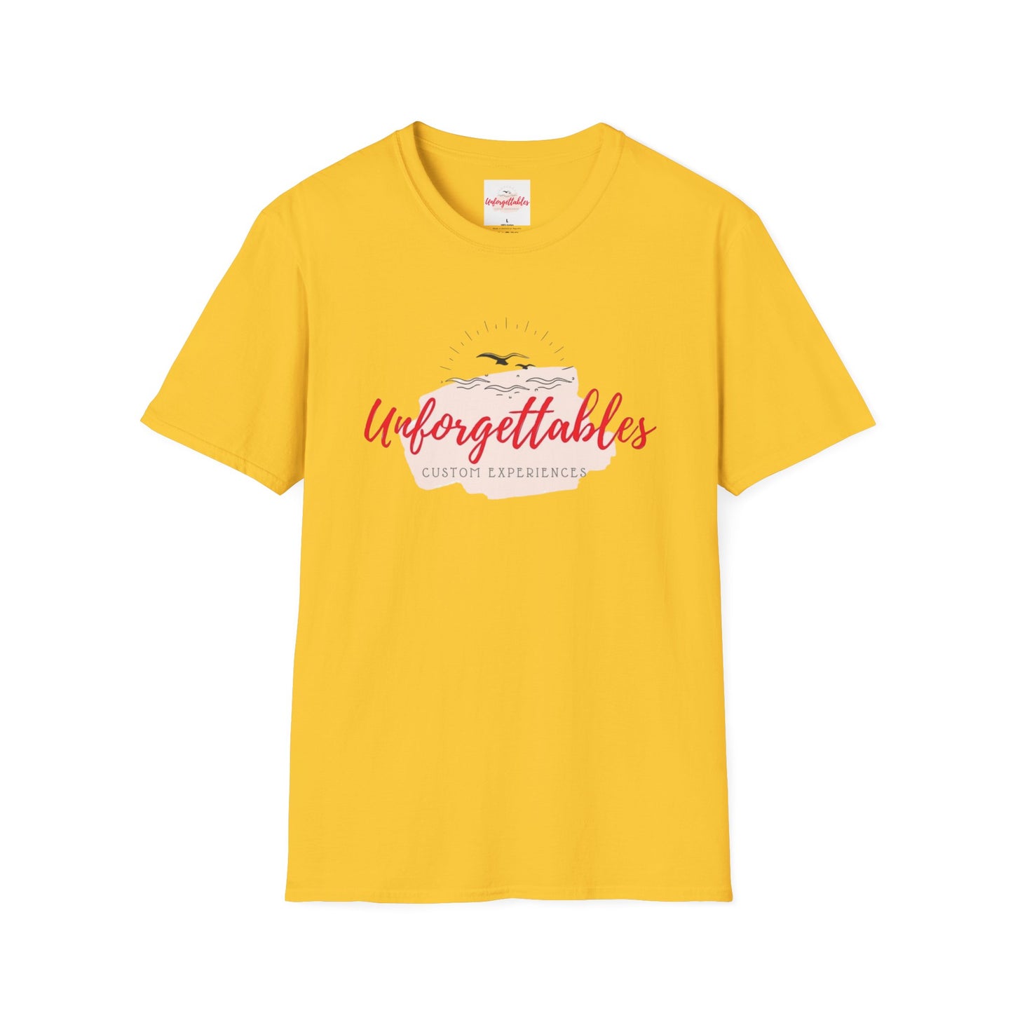 Front view of gold Unforgettables logo t-shirt with clean center design