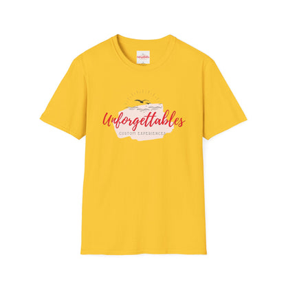 Front view of gold Unforgettables logo t-shirt with clean center design