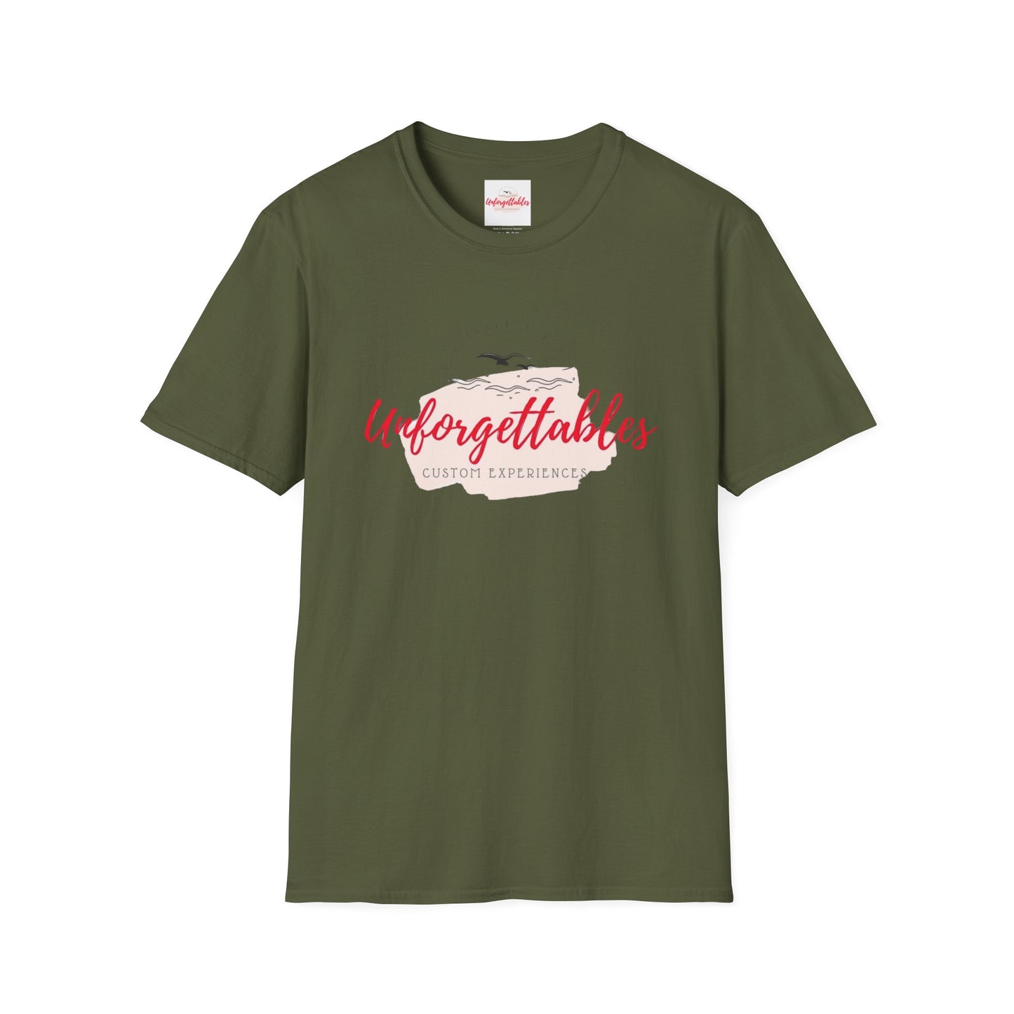 Front view of Unforgettables logo t-shirt with clean minimalist streetwear design