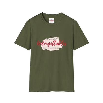 Front view of Unforgettables logo t-shirt with clean minimalist streetwear design
