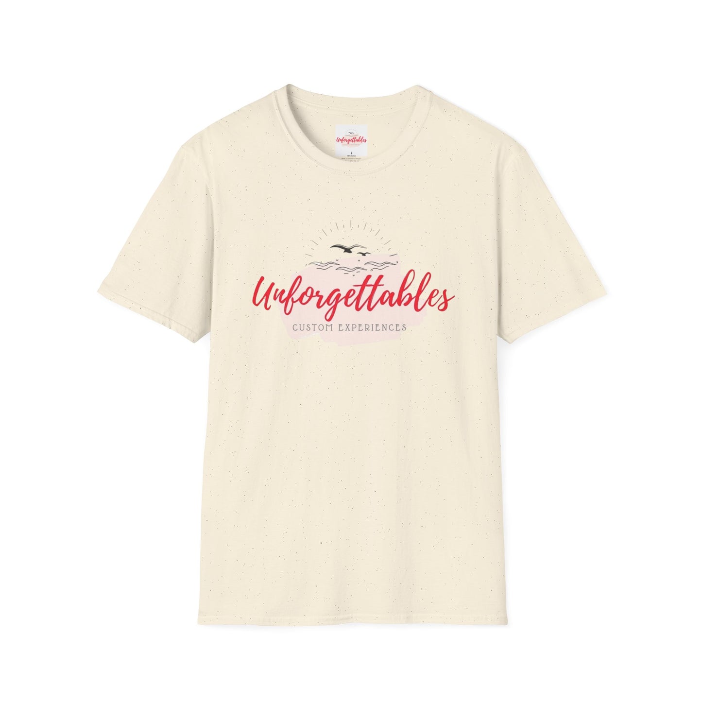 Front view of tan Unforgettables logo t-shirt with clean center design