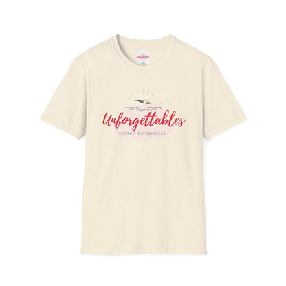 Front view of tan Unforgettables logo t-shirt with clean center design